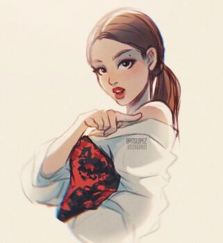  1girl black_eyeliner blackpink brown_hair commentary eyeliner eyeshadow itslopezz jennie_(blackpink) long_sleeves makeup mascara mole open_mouth ponytail real_life simple_background single_bare_shoulder solo upper_body white_background 