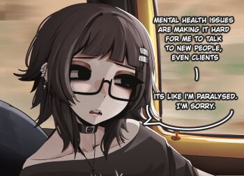  1girl absurdres bare_shoulders black-framed_eyewear black_choker black_eyes black_hair black_shirt blunt_bangs choker collarbone commentary cross cross_earrings cross_necklace ear_piercing earrings english_commentary english_text glasses hair_ornament hairclip highres jewelry looking_to_the_side medium_hair mikuneki necklace off-shoulder_shirt off_shoulder open_mouth original parallel_hairclips piercing riyo_kaede_(mikuneki) sad semi-rimless_eyewear shirt solo speech_bubble talking tearing_up under-rim_eyewear upper_body 