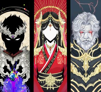  1boy 1girl 1other anvil_(shadow_slave) armor asterion_(shadow_slave) bare_tree beard birdofthesevenseas black_hair chinese_clothes commentary corset cracked_skin crown empty_eyes english_commentary epaulettes facial_hair facing_viewer forehead_jewel gold_trim hanfu highres jewelry ki_song long_hair mustache necklace red_eyes scar scar_across_eye scar_on_face shadow_slave short_hair tree upper_body white_hair 