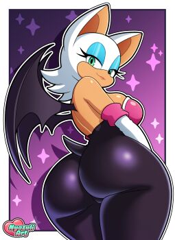  2026 absurdres armor artist_logo artist_name ass ass_focus bare_shoulders bat_girl bat_wings black_bodysuit bodysuit border breastplate breasts chiropteran commentary elbow_gloves english_commentary eyelashes eyeshadow furry furry_female gloves highres large_breasts lips logo looking_at_viewer looking_back makeup narrow_waist nyazuliart outline portrait purple_background red_lips rouge_the_bat sega short_tail simple_background skin_tight skinsuit smile solo sonic_(series) tail tan thick_thighs thighs white_border white_hair white_outline wide_hips wings 