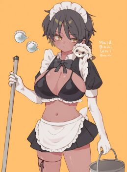  1girl alternate_costume animal animal_on_shoulder apron arknights arouni22 bikini black_bikini black_bow black_bowtie black_hair black_skirt bow bowtie breasts bucket closed_mouth commentary_request dark-skinned_female dark_skin ear_piercing elbow_gloves enmaided genderswap genderswap_(mtf) gloves hair_between_eyes highres holding holding_bucket large_breasts maid maid_bikini maid_headdress midriff miniskirt navel orange_background orange_eyes piercing pleated_skirt short_sleeves skirt solo swimsuit thigh_strap thorns_(arknights) twitter_username unconventional_maid waist_apron white_gloves 