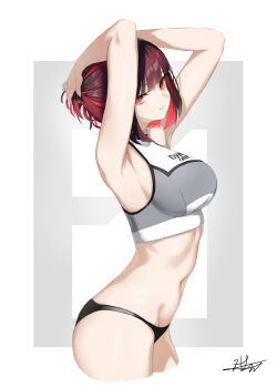  1girl armpits arms_up black_panties black_survival blunt_bangs breasts brown_hair chaciooh colored_inner_hair commentary crop_top estelle_(black_survival) eternal_return:_black_survival groin highres large_breasts looking_at_viewer midriff multicolored_hair navel no_pants panties red_eyes red_hair revision sideboob signature simple_background sleeveless solo sportswear underwear 