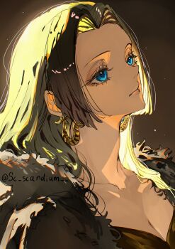  1girl absurdres black_hair blue_eyes boa_hancock closed_mouth commentary earrings eyelashes highres jewelry long_hair looking_up one_piece sc_scandium sidelocks simple_background snake_earrings solo twitter_username 