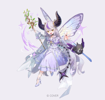  1girl :d ahoge black_collar black_horns braid braided_bangs butterfly_wings collar commentary_request copyright_name crow_(la+_darknesss) demon_horns double-parted_bangs dress fairy fangs flower frilled_dress frilled_sleeves frills full_body grey_background grey_hair hair_between_eyes hair_flower hair_ornament high_heels holding holding_staff hololive horns insect_wings kobuta la+_darknesss long_hair long_sleeves looking_at_viewer official_art open_mouth outstretched_arms pointy_ears purple_dress purple_shoes purple_streaks sample_watermark shoes simple_background single_hair_streak slit_pupils smile solo staff striped_horns tail very_long_hair virtual_youtuber watermark wide_sleeves wings yellow_eyes 