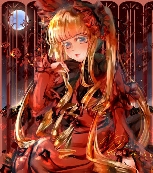  1girl absurdres black_bonnet black_bow black_bowtie blonde_hair blue_eyes blue_moon blunt_bangs bonnet bow bowtie brooch capelet chinese_commentary classic_lolita commentary_request cowboy_shot dated dress expressionless flower flower_brooch frilled_capelet frilled_dress frilled_headwear frilled_sleeves frills full_moon highres indoors jewelry light_particles lolita_fashion long_dress long_hair long_sidelocks long_sleeves moon muriel_miaoke nail_polish night parted_lips red_capelet red_dress red_flower red_rose rose rozen_maiden shinku sidelocks signature sitting solo thorns twintails very_long_hair window 
