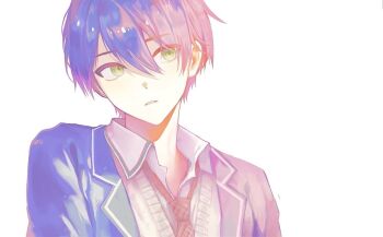  0k_sic 1boy collared_shirt commentary_request double-parted_bangs green_eyes jacket kenmochi_touya kenmochi_touya_(1st_costume) korean_commentary lapels looking_to_the_side male_focus necktie nijisanji notched_lapels open_collar parted_lips red_necktie shirt sideways_glance simple_background solo sweater upper_body v-neck virtual_youtuber white_background white_shirt white_sweater 