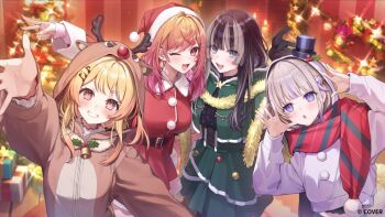  4girls :d ;d ahoge animal_costume animal_hood arm_up belt black_belt black_gloves black_hair black_shirt blonde_hair blue_eyes blunt_bangs blunt_ends box brown_eyes cape capelet center_frills christmas_tree collared_dress collared_shirt comic_lo commentary_request copyright_name double-parted_bangs dress earrings fortissimo frills fur-trimmed_capelet fur-trimmed_dress fur-trimmed_headwear fur_trim gift gift_box gloves gradient_hair green_capelet green_skirt grey_hair grin hair_ornament hairclip hands_up hat high-waist_skirt hime_cut hitomyan hololive hololive_dev_is hood hood_up hooded_cape ichijou_ririka jewelry juufuutei_raden long_hair long_sidelocks looking_at_viewer mini_hat mini_top_hat multicolored_hair multiple_girls musical_note musical_note_hair_ornament official_art one_eye_closed open_mouth orange_hair otonose_kanade outstretched_arm pink_hair pom_pom_(clothes) purple_eyes purple_hair red_dress red_hat red_scarf regloss_(hololive) reindeer_costume reindeer_hood santa_costume scarf shirt shirt_tucked_in short_dress short_hair sidelocks skirt smile streaked_hair swept_bangs todoroki_hajime top_hat two-tone_hair virtual_youtuber white_hood 