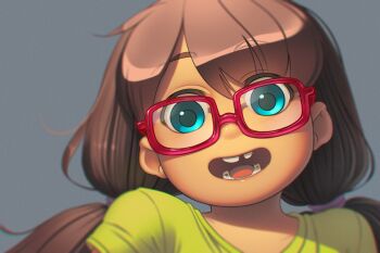  1girl alkemanubis blue_eyes brown_hair cavity child glasses highres missing_tooth original portrait shirt smile solo t-shirt teeth twintails  rating:General score:25 user:czchov_smirnoff