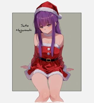  1girl bare_shoulders blunt_bangs blush breasts closed_mouth detached_collar dress fern_(sousou_no_frieren) fur-trimmed_dress fur-trimmed_headwear fur_trim hat highres long_hair looking_at_viewer purple_eyes purple_hair red_dress santa_costume santa_dress santa_hat sato_hagamaki solo sousou_no_frieren 