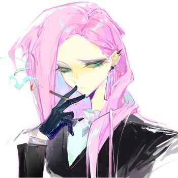  1girl absurdres animification aqua_eyes black_coat black_eyeshadow black_gloves chinese_commentary cigarette coat colored_skin commentary_request cropped_shoulders derivative_work ear_piercing earrings eyelashes eyeshadow fluttershy fluttershy_(equestria_girls) forehead gloves goth_fashion hair_behind_ear half-closed_eyes hand_up highres holding holding_cigarette jewelry layered_sleeves long_hair long_sleeves looking_at_viewer looking_to_the_side makeup my_little_pony my_little_pony:_equestria_girls my_little_pony:_friendship_is_magic official_alternate_costume personification piercing pink_hair procreate_(medium) screenshot_redraw shirt sideways_glance simple_background smokey_eyeshadow smoking solo spiked_ear_piercing white_background white_shirt yaotaihhh yellow_skin 