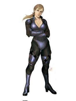  1girl blonde_hair bodysuit breasts cleavage crossed_arms ericson_blum highres jill_valentine long_hair low_ponytail ponytail purple_bodysuit resident_evil resident_evil_5 signature simple_background white_background 