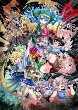  6+girls :3 :d :o absurdres animal_ears animal_realm_(touhou) apron bandana bear_trap black_hair black_wings blonde_hair blood blue_hair blue_shirt boots bow brown_eyes brown_hair brown_hat cityscape collarbone commentary_request cowboy_boots cowboy_hat curly_hair dog_ears dog_girl dog_tail double_bun dragon_tail eagle_spirit_(touhou) feathered_wings fire green_apron green_fire green_headscarf grid_print group_picture hair_bun hairband haniwa_(statue) haniyasushin_keiki hat headscarf high_collar highres holding holding_spoon horn_bow horn_ornament horns horse horse_girl horse_tail jewelry joutouguu_mayumi kazamichisha kicchou_yachie kurokoma_saki long_hair looking_at_viewer low_twintails magatama mitsugashira_enoko monkey_girl monkey_tail multicolored_shirt multicolored_skirt multiple_girls necklace open_mouth otter_spirit_(touhou) pegasus pointing pointing_forward pointing_up ponytail pool_of_blood purple_hair purple_skirt red_eyes red_nails ribbon salute searchlight sharp_teeth shirt short_hair skirt sleeveless sleeveless_shirt smile son_biten spoon sunken_fossil_world tail teeth tenkajin_chiyari tools touhou toutetsu_yuuma twintails unfinished_dream_of_all_living_ghost watercolor_effect wily_beast_and_weakest_creature wings wolf_spirit_(touhou) yellow_eyes yellow_horns yellow_nails yellow_ribbon yellow_shirt 