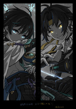  2boys adxdm aqua_gemstone aqua_kimono aqua_sleeves arm_up asaba_harumasa belt black_belt black_bow black_choker black_gloves black_hair black_shorts blue_eyes blue_sash blunt_ends bow bow_(weapon) bright_pupils choker collarbone collared_shirt dated eyelashes eyeliner eyeshadow feathers fingernails gem genshin_impact gloves glowing glowing_eyes hakama hakama_shorts headband holding holding_bow_(weapon) holding_weapon japanese_clothes juban kakihara_tetsuya kimono layered_sleeves looking_at_viewer makeup multiple_boys muneate necktie open_hand partially_fingerless_gloves partly_fingerless_gloves pleated_shorts pom_pom_(clothes) purple_rope red_eyeliner red_eyeshadow rope sash scaramouche_(genshin_impact) shirt short_sleeves shorts smile translation_request tsurime twitter_username two-tone_gloves vision_(genshin_impact) voice_actor_connection wanderer_(genshin_impact) watermark weapon white_kimono white_pupils white_shirt white_sleeves yellow_eyes yellow_feathers yellow_gloves yellow_headband yugake zenless_zone_zero 