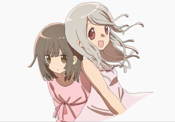  breasts brown_eyes brown_hair dress gagagadaiouda god_nadeko grey_hair highres looking_at_viewer monogatari_(series) pink_shirt red_eyes sengoku_nadeko shirt short_hair simple_background sleeveless sleeveless_dress smile snake_hair white_background 