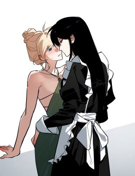  2girls aespa apron bare_arms black_dress black_hair blonde_hair blue_eyes blush collarbone commentary dress green_dress grey_background hair_bun hand_on_another's_waist hashtag-only_commentary highres juliet_sleeves k-pop karina_(aespa) long_sleeves maid maid_apron multiple_girls parted_lips puffy_sleeves real_life sweat two-tone_background white_apron white_background winter_(aespa) yitouyouyu yuri 