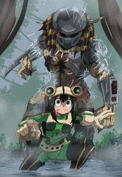  1girl 1other absurdres arm_blade armor asui_tsuyu black_eyes black_hair bodysuit boku_no_hero_academia closed_mouth commentary crossover danielfs english_commentary gloves goggles goggles_on_head green-tinted_eyewear green_bodysuit green_eyes highres laser_sight long_hair long_tongue looking_at_viewer outdoors outstretched_arms partially_invisible partially_submerged predator_(character) predator_(series) prehensile_tongue see-through_body serious spread_arms standing tinted_eyewear tongue tongue_out twitter_username water weapon white_gloves 
