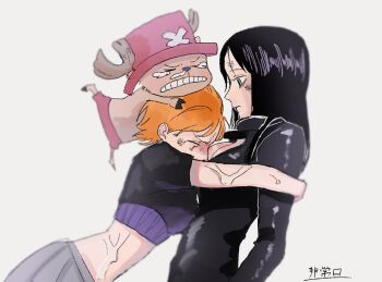  1boy 2girls antlers black_dress black_hair blue_eyes commentary crop_top crying derivative_work dress feichangkou hat highres horns hug leather_dress long_sleeves looking_at_another medium_hair multiple_girls nami_(one_piece) nami_(one_piece)_(enies_lobby) nico_robin nico_robin_(water_7) one_piece orange_hair pink_hat reindeer_antlers screenshot_redraw short_hair tony_tony_chopper upper_body white_background  rating:General score:8 user:danbooru