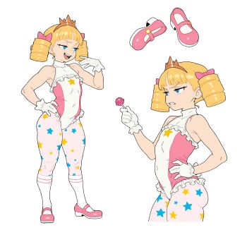  1girl bingbingzi blonde_hair blue_eyes candy character_request commentary copyright_request drill_hair flat_chest food gloves hands_on_own_hips highres holding holding_candy holding_food holding_lollipop leotard lollipop ojou-sama_pose pantyhose simple_background tiara twin_drills untranslatable_commentary white_background white_gloves 