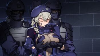  1girl 2boys bodysuit braid breasts faceless faceless_male gloves grabbing_another's_breast grey_hair groping helmet highres indie_virtual_youtuber large_breasts looking_at_viewer multiple_boys red_eyes reference_request saruei saruei_(vtuber)_(saruei_2.0) scar scar_across_eye scar_on_face scene_reference smile solo virtual_youtuber 