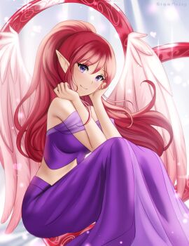  1girl angel_wings artist_name bare_shoulders bustier commentary commission elbows_on_knees english_commentary gigamessy hair_between_eyes hands_on_own_face hands_up head_on_hands head_rest heart highres light_blush light_particles light_rays long_hair long_skirt looking_at_viewer looking_to_the_side original pointy_ears ponytail purple_bustier purple_eyes purple_skirt red_hair red_wings sidelocks sideways_glance skirt smile solo sparkle valentine wings 