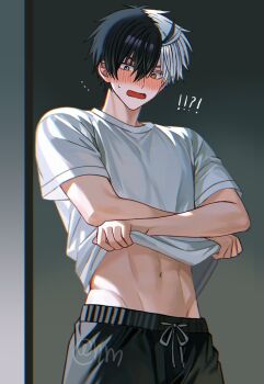  ! !! !? 1boy black_hair black_pants black_shorts blush clothes_lift grey_eyes grey_hair heterochromia highres hyohls2_(hamao3o) male_focus midriff multicolored_hair navel open_clothes open_shirt pants sakura_haruka_(wind_breaker) shirt shirt_lift shorts solo split-color_hair stomach two-tone_hair undressing white_hair white_shirt wind_breaker_(nii_satoru) yellow_eyes 