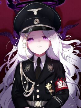  1girl absurdres alternate_costume belt black_necktie blazer blue_archive breast_pocket hair_ornament hairclip hat highres hina_(blue_archive) jacket long_hair military_hat military_jacket military_uniform nazi necktie parallel_hairclips peaked_cap pocket purple_eyes red_background serious shoulder_belt solo ss_insignia suit_jacket totenkopf translation_request very_long_hair white_hair writtenive 