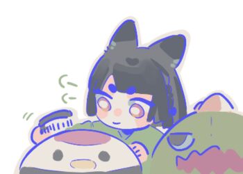  1girl animal_ears brushing closed_mouth commentary fox_ears fox_girl gonzales_(love_live!) green_kimono hair_brush holding holding_hair_brush if_they_mated japanese_clothes kachimachi_kosuzu kimono link!_like!_love_live! love_live! momose_ginko pink_eyes pipi_(m1x_mix) science_babies short_eyebrows simple_background smile solo stuffed_animal stuffed_bird stuffed_dinosaur stuffed_toy symbol-only_commentary thick_eyebrows tsuru_(love_live!) white_background 