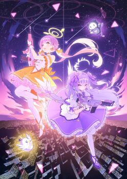  2girls absurdres alternate_costume azusa_(blue_archive) blue_archive boots bow choker cityscape cloud cloudy_sky commentary crossed_bangs dress earrings feathered_wings flower flying gloves gun hair_bow hair_flower hair_ornament halo hifumi_(blue_archive) high_heel_boots high_heels highres holding holding_gun holding_weapon jewelry long_hair looking_at_viewer low_twintails magical_girl multiple_girls open_mouth orange_choker orange_dress pantyhose peroro_(blue_archive) pink_hair puffy_sleeves purple_dress purple_eyes purple_hair purple_shoes purple_sky rifle ring_of_light_(blue_archive) shoes shooting_star skullman_(blue_archive) sky star_(sky) star_(symbol) star_hair_ornament starry_sky swept_bangs teeth twintails two_side_up tyobis. upper_teeth_only weapon white_boots white_gloves white_halo white_pantyhose white_wings wings yellow_eyes yellow_halo 