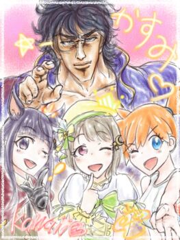 1boy 3girls ;d animal_ears asymmetrical_hair beret black_gloves black_hair blue_eyes blunt_bangs blush bow bowtie brown_hair capelet closed_mouth collarbone crescent crescent_hair_ornament crossover dog_ears dog_girl finger_to_mouth gloves green_bow grey_hair hair_ornament happy_birthday hat hokuto_no_ken index_finger_raised jacket kasumi_(princess_connect!) kasumi_kenshirou long_hair looking_at_viewer love_live! misty_(pokemon) multiple_crossover multiple_girls muscular nakasu_kasumi nintendo one_eye_closed open_clothes open_jacket open_mouth orange_hair pink_background pointing pokemon pokemon_lgpe princess_connect! puffy_short_sleeves puffy_sleeves purple_eyes purple_hair red_eyes shirt short_hair short_sleeves side_ponytail smile souten_no_ken star_(symbol) trait_connection upper_body v v-shaped_eyebrows white_shirt