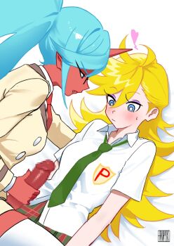 1futa 1girl artist_name blonde_hair blue_eyes blue_hair blush breasts censored collared_shirt colored_skin demon_girl eyeshadow fang futa_with_female futanari girl_on_top glasses hanamuko heart highres horns kneesocks_(psg) long_hair looking_at_penis makeup mosaic_censoring necktie panty_&amp;_stocking_with_garterbelt panty_(psg) penis pink_eyeshadow pointy_ears ponytail red_skin school_uniform shirt single_horn skirt small_breasts sweatdrop thighhighs yellow_eyes rating:Questionable score:71 user:danbooru
