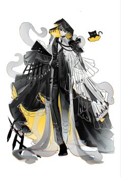  1boy black_cat black_hair black_jacket black_pants black_shoes cat chromatic_aberration cloak covered_eyes full_body highres jacket klein_moretti light_smile long_sleeves lord_of_the_mysteries male_focus pants shirt shoes simple_background solo tentacles thigh_strap toutong6 two-sided_cloak two-sided_fabric veil white_background white_shirt 