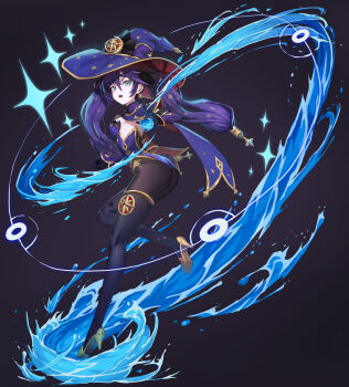  1girl absurdres ass black_bodystocking black_gloves blue_eyes bodystocking breasts commentary creno1605 dark_skin from_side full_body genshin_impact gloves hat high_heels highres hydrokinesis jewelry leotard long_hair looking_at_viewer mona_(genshin_impact) open_mouth purple_hair purple_hat purple_leotard small_breasts solo sparkle thighlet twintails water witch_hat 