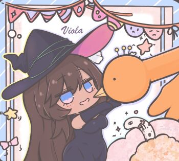  1girl black_dress black_gloves black_hat blue_eyes breasts brown_hair chibi chibi_only cleavage dark-skinned_female dark_skin dekoboko_majo_no_oyako_jijou dress futaba_(anti_clockwise) gloves hat large_breasts long_hair looking_at_viewer mole mole_under_eye open_mouth sleeveless sleeveless_dress snake solo very_long_hair viola_(dekoboko_majo_no_oyako_jijou) witch witch_hat  rating:Sensitive score:4 user:danbooru