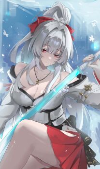  1girl a-chuang absurdres bare_shoulders breasts cleavage closed_mouth colored_eyelashes commentary highres hiyuki_(wuthering_waves) holding holding_sword holding_weapon jewelry katana large_breasts long_hair long_sleeves looking_at_viewer necklace off_shoulder ponytail red_eyes red_skirt shirt skirt smile solo sword weapon white_eyelashes white_hair white_shirt wuthering_waves 