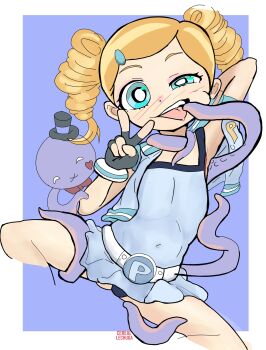  1girl arms_behind_head artist_name belt bestiality black_gloves blonde_hair blue_background blue_eyes blue_one-piece_swimsuit blue_skirt blue_vest blush cerealxs covered_navel dot_nose drill_hair excited feet_out_of_frame fingerless_gloves flat_chest gloves goutokuji_miyako half-closed_eye hand_up loli looking_at_viewer masochism medium_hair octopus one-piece_swimsuit powerpuff_girls_z restrained rolling_bubbles simple_background skirt solo_focus spread_legs swimsuit teeth tentacles tongue tongue_out twin_drills two-tone_background upper_teeth_only v variant_set vest white_background 