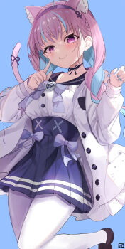  1girl absurdres anchor_symbol animal_ear_fluff animal_ears black_choker black_ribbon blue_background blue_hair blue_nails blue_skirt braid buttons cat_ears choker colored_inner_hair hairband highres hololive loafers long_hair looking_at_viewer minato_aqua multicolored_hair pantyhose pineapple_(pine) pink_hair pleated_skirt pointing pointing_at_cheek pointing_at_self purple_eyes purple_hairband purple_ribbon ribbon ribbon_choker shoes simple_background skirt solo streaked_hair twin_braids two-tone_hair virtual_youtuber white_pantyhose 