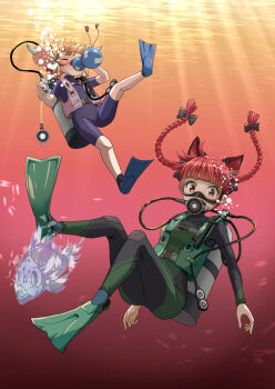  2girls air_bubble alternate_costume animal_ear_fluff animal_ears black_bodysuit blonde_hair bodysuit bow braid brown_horns bubble cat_ears commentary_request commission diving_mask diving_regulator diving_suit double_bun drinking extra_ears fish_skeleton flippers goggles gourd green_bodysuit hair_bow hair_bun haniwa_(leaf_garden) highres holding holding_gourd horns ibuki_suika kaenbyou_rin long_hair multiple_girls multiple_hair_bows official_alternate_hairstyle oni oxygen_tank purple_bodysuit red_eyes red_hair scuba_gear scuba_tank skeb_commission touhou twin_braids underwater water 