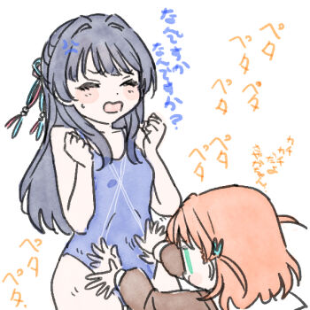  2girls ^_^ anger_vein black_hair blue_one-piece_swimsuit blush breasts clenched_hands closed_eyes collarbone commentary_request competition_swimsuit cowboy_shot green_eyes hair_ornament half_updo hands_on_another's_stomach hasu_no_sora_school_uniform hinoshita_kaho link!_like!_love_live! long_hair long_sleeves love_live! multiple_girls murano_sayaka murano_sayaka_(swimsuit) one-piece_swimsuit open_hands open_mouth orange_hair pout rabbit_hair_ornament sailor_collar school_uniform shinanoya_(satanicad) simple_background small_breasts standing swimsuit translation_request two_side_up virtual_youtuber white_background white_sailor_collar winter_uniform 