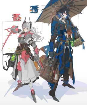  1boy 1girl absurdres adapted_costume ahoge arknights armor armored_dress ascot black_pants blue_coat blue_hair briefcase coat colored_inner_hair commentary dress earrings english_commentary frown full_body gloves grey_eyes grey_hair gun head_wings highres holding holding_briefcase holding_gun holding_sword holding_umbrella holding_weapon irene_(arknights) jewelry long_hair looking_at_viewer lumen_(arknights) messy_hair monster_hunter_(series) multicolored_hair nslacka pants pointy_ears rapier red_ascot shadow shirt short_hair shoulder_armor simple_background smile sword tailcoat umbrella vial weapon white_background white_dress white_shirt wings yellow_eyes 