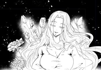  1girl aura beads breasts bug butterfly chin_piercing closed_eyes collarbone eyelashes face_piercing facing_viewer fate/grand_order fate_(series) flower hair_beads hair_ornament insect kizakikigeki28 large_breasts long_hair monochrome outside_border parted_lips piercing quetzalcoatl_(fate) smile 