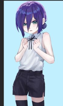  1girl aged_down aqua_background black_ribbon black_shorts black_thighhighs chainsaw_man clenched_hands cowboy_shot green_eyes hair_between_eyes hair_bun hands_on_own_chest highres kanopikami long_hair_between_eyes looking_at_viewer neck_ribbon purple_hair reze_(chainsaw_man) ribbon shirt shirt_tucked_in short_hair short_shorts shorts simple_background sleeveless sleeveless_shirt solo thighhighs white_shirt 
