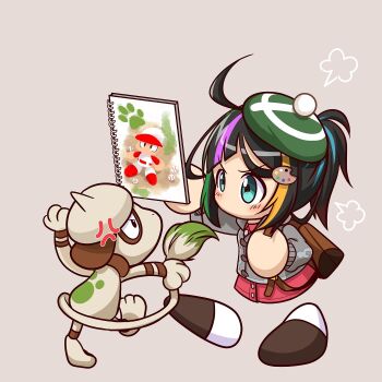  1girl ahoge anger_vein angry aqua_eyes backpack bag black_hair blonde_hair blue_hair brown_background brown_bag brown_shoes cable_knit cardigan commentary_request cosplay crossover dress fighting gen_2_pokemon gloria_(pokemon) gloria_(pokemon)_(cosplay) green_hair green_hat grey_cardigan hair_ornament hat high_ponytail highres holding holding_sketchbook hood hooded_cardigan jikkyou_powerful_pro_yakyuu jikkyou_powerful_pro_yakyuu_(style) kuroto_mone megu_ponta multicolored_hair multicolored_shoes nintendo no_mouth paint_palette paint_palette_hair_ornament pink_hair pokemon pokemon_(creature) pokemon_swsh ponytail power_pro_appli rayman_limbs red_dress shoes sketchbook smeargle two-tone_shoes white_shoes 