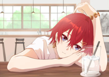  absurdres ange_katrina ange_katrina_(5th_costume) arm_rest arm_up bad_id bad_twitter_id bare_arms blurry blurry_background bracelet closed_mouth coaster crossed_bangs cup drink drinking_glass drinking_straw earrings elbow_rest gold_bracelet gold_earrings hair_between_eyes hair_ornament hairclip hand_on_own_arm hand_on_own_cheek hand_on_own_face hanekonoe head_rest highres indoors jewelry long_bangs looking_at_viewer nijisanji purple_eyes red_hair shirt short_hair short_sleeves single_hair_intake slouching table triangle_earrings triangle_hair_ornament tumbler_glass virtual_youtuber white_shirt wooden_table 