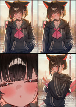  1girl absurdres animal_ears ascot averting_eyes betanonbeet black_choker black_hair black_hoodie black_jacket blue_archive blunt_bangs blunt_ends blush cat_ears choker closed_eyes collarbone colored_inner_hair commentary extra_ears flying_sweatdrops green_sailor_collar halo hand_in_pocket highres hood hoodie incoming_kiss jacket kazusa_(blue_archive) looking_at_viewer multicolored_hair multiple_views nervous_sweating outdoors pink_ascot pink_hair railing sailor_collar school_uniform serafuku short_hair smile stitched sweat third-party_edit two-tone_hair upper_body 