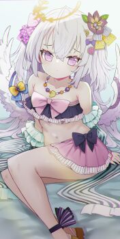  1girl angel_wings azusa_(blue_archive) azusa_(swimsuit)_(blue_archive) bare_legs bare_shoulders bikini bikini_skirt blue_archive bow bow_on_wing closed_mouth collarbone crescent_halo feathered_wings flower food-themed_hair_ornament frills hair_between_eyes hair_ornament halo highres izuoku long_hair looking_at_viewer navel pink_skirt purple_eyes purple_flower ribbon-trimmed_bikini ribbon-trimmed_swimsuit ribbon_trim ruffle_bikini sitting skirt solo strapless strapless_bikini swimsuit very_long_hair watermelon_hair_ornament white_hair white_wings wings yellow_halo 