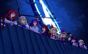  6+girls animal apron asakura_rikako bird blonde_hair blue_sailor_collar blush bow braid capelet cat commentary dress ellen_(touhou) everyone glasses gloves green_hair hair_bow hair_tubes hairband hakama hakurei_reimu hakurei_reimu_(pc-98) hat hat_bow highres holding holding_animal holding_cat hug japanese_clothes kana_anaberal kimono kirisame_marisa kirisame_marisa_(pc-98) kitashirakawa_chiyuri kotohime_(touhou) lab_coat lepi_doptera long_hair long_sleeves medium_hair miko mima_(touhou) multiple_girls okazaki_yumemi phantasmagoria_of_dim.dream pigeon puffy_short_sleeves puffy_sleeves purple_eyes purple_hair purple_hat red_bow red_capelet red_eyes red_hair red_ribbon ribbon sailor sailor_collar sailor_hat shirt short_hair short_sleeves smile sokrates_(touhou) touhou touhou_(pc-98) twintails white_apron white_kimono white_shirt witch_hat wizard_hat yellow_eyes 