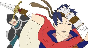  2boys armor blue_hair closed_eyes commentary_request fire_emblem fire_emblem:_path_of_radiance hand_on_own_head harukokoko headband helmet holding holding_sword holding_weapon ike_(fire_emblem) jujutsu_kaisen male_focus meme multiple_boys naoya_hitting_choso_without_looking_(meme) nintendo open_mouth short_hair simple_background sword teeth upper_teeth_only weapon white_background 