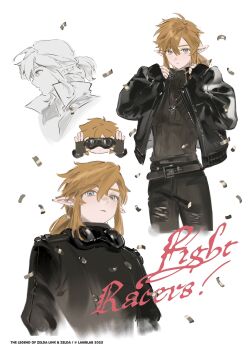  1boy 2025 adjusting_clothes aqua_eyes belt black_belt black_gloves black_jacket black_pantyhose black_sweater blonde_hair chibi chibi_inset commentary copyright_name cowboy_shot earrings fingerless_gloves gloves goggles goggles_around_neck hair_between_eyes highres jacket jewelry lamblab0824 leather leather_jacket link low_ponytail male_focus multiple_views nintendo pants pantyhose pointy_ears ponytail sidelocks solo sweater symbol-only_commentary the_legend_of_zelda the_legend_of_zelda:_breath_of_the_wild torn_clothes torn_pants turtleneck turtleneck_sweater twitter_username upper_body 