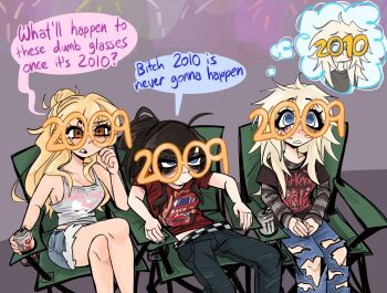 2009 2010 3girls alcohol bags_under_eyes beer beer_can black_hair blonde_hair blue_eyes brown_eyes can chair checkered_belt checkered_clothes class_of_09 commentary crossed_legs denim denim_shorts drink_can emily_(class_of_09) energy_drink english_commentary english_text fireworks folding_chair hair_bun highres imagining jeans jecka_(class_of_09) kecchi0 layered_sleeves monster_energy multiple_girls new_year nicole_(class_of_09) novelty_glasses pants ponytail profanity shorts tank_top torn_clothes torn_jeans torn_pants