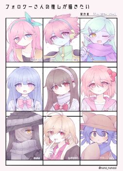  1other 2boys 6+girls :< androgynous antenna_hair aubrey_(faraway)_(omori) aubrey_(omori) black_eyes black_gloves black_hair blonde_hair blue_eyes blue_hair blue_overalls blue_skin blush bow bowtie bright_pupils brown_eyes brown_hair captain_spaceboy character_request closed_mouth collarbone collared_shirt colored_sclera colored_skin commentary_request copyright_request double-parted_bangs earrings finger_to_mouth fingerless_gloves followers_favorite_challenge furude_rika gloves hair_between_eyes hair_ornament hairband hairclip highres higurashi_no_naku_koro_ni holding holding_paintbrush index_finger_raised jacket jewelry long_hair long_sidelocks long_sleeves looking_at_viewer mimi_utlove multiple_boys multiple_drawing_challenge multiple_girls neckerchief niko_(oneshot) omori one_eye_closed oneshot_(game) open_clothes open_jacket open_mouth overalls paintbrush pink_eyes pink_hair pointy_ears purple_scarf purple_skin red_bow red_bowtie red_eyes red_neckerchief rococo_(omori) scarf school_uniform shirt short_hair sidelocks smile swept_bangs translation_request twitter_username white_jacket white_pupils white_shirt yellow_sclera 